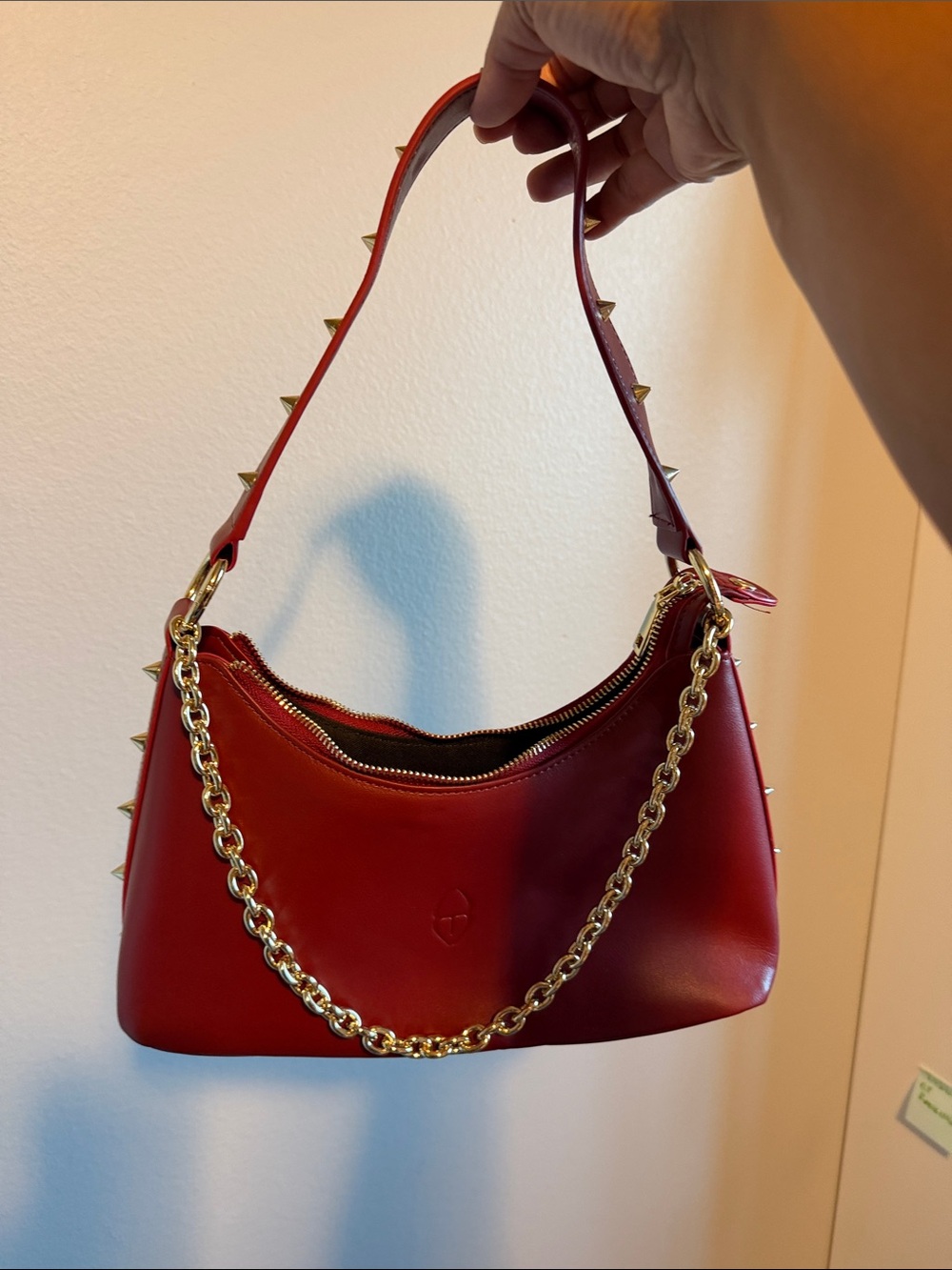 Red Leather Shoulder Bag with Gold Chain